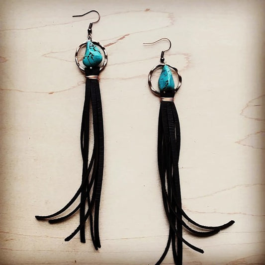 Turq Drop Earring with Leather Tassel