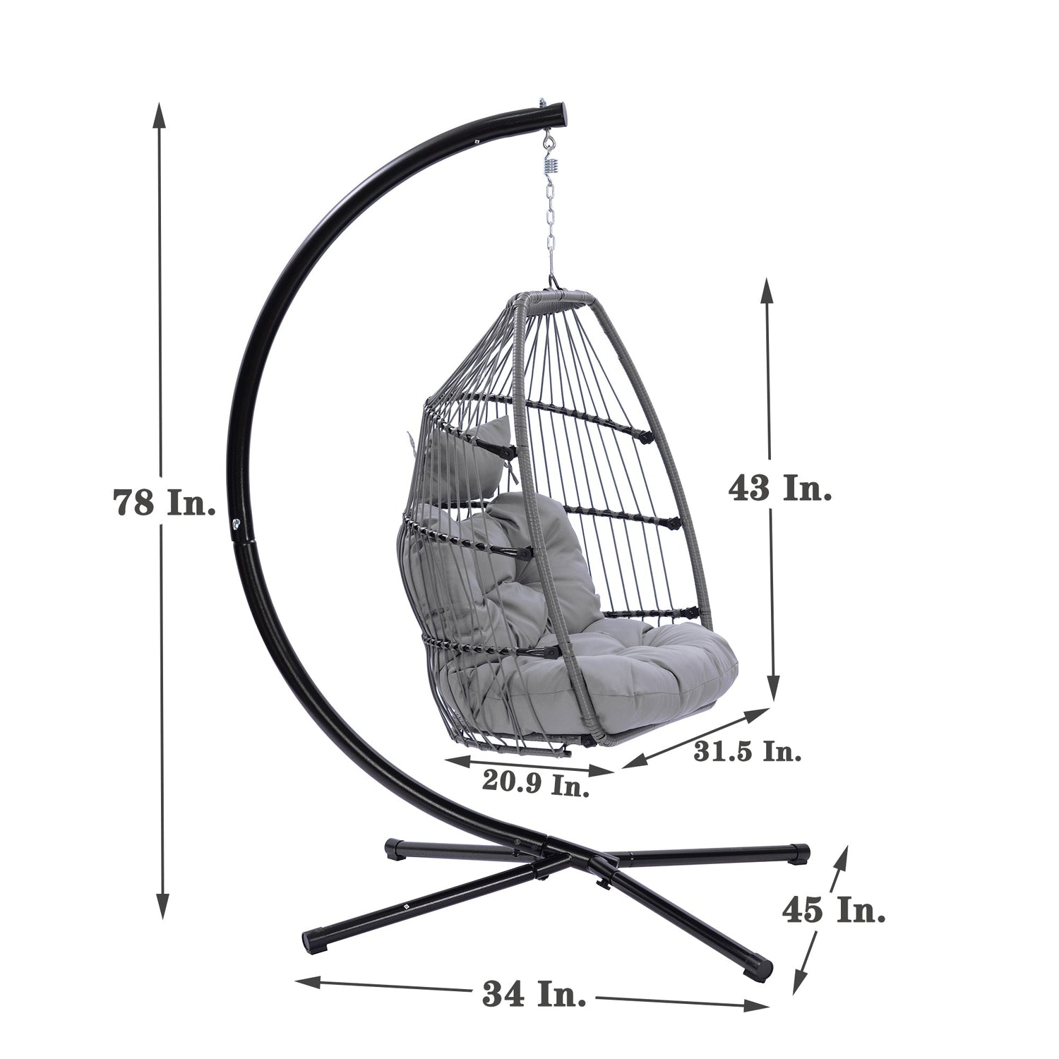 Outdoor Patio Wicker Folding Hanging Chair,Rattan Swing Hammock Egg Chair With C Type Bracket, With Cushion And Pillow - MONLANE