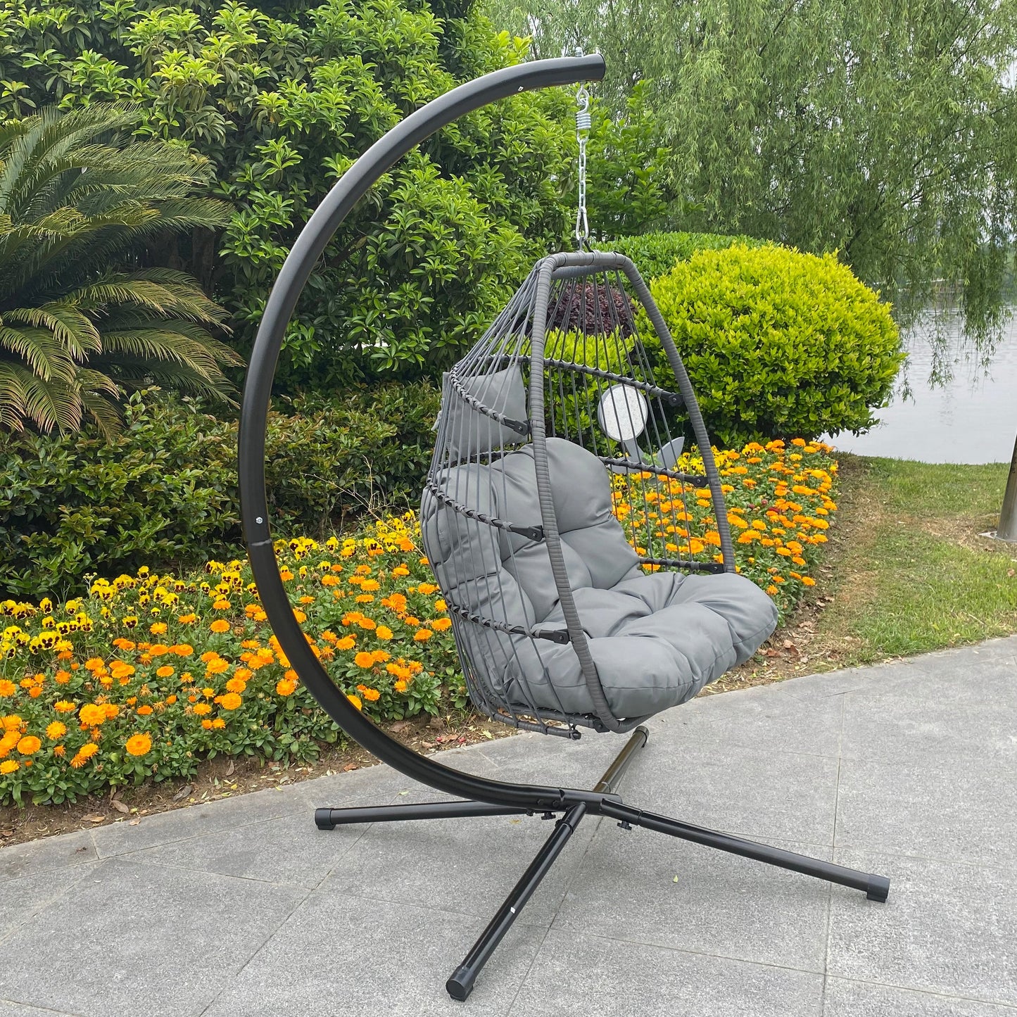 Outdoor Patio Wicker Folding Hanging Chair,Rattan Swing Hammock Egg Chair With C Type Bracket, With Cushion And Pillow - MONLANE