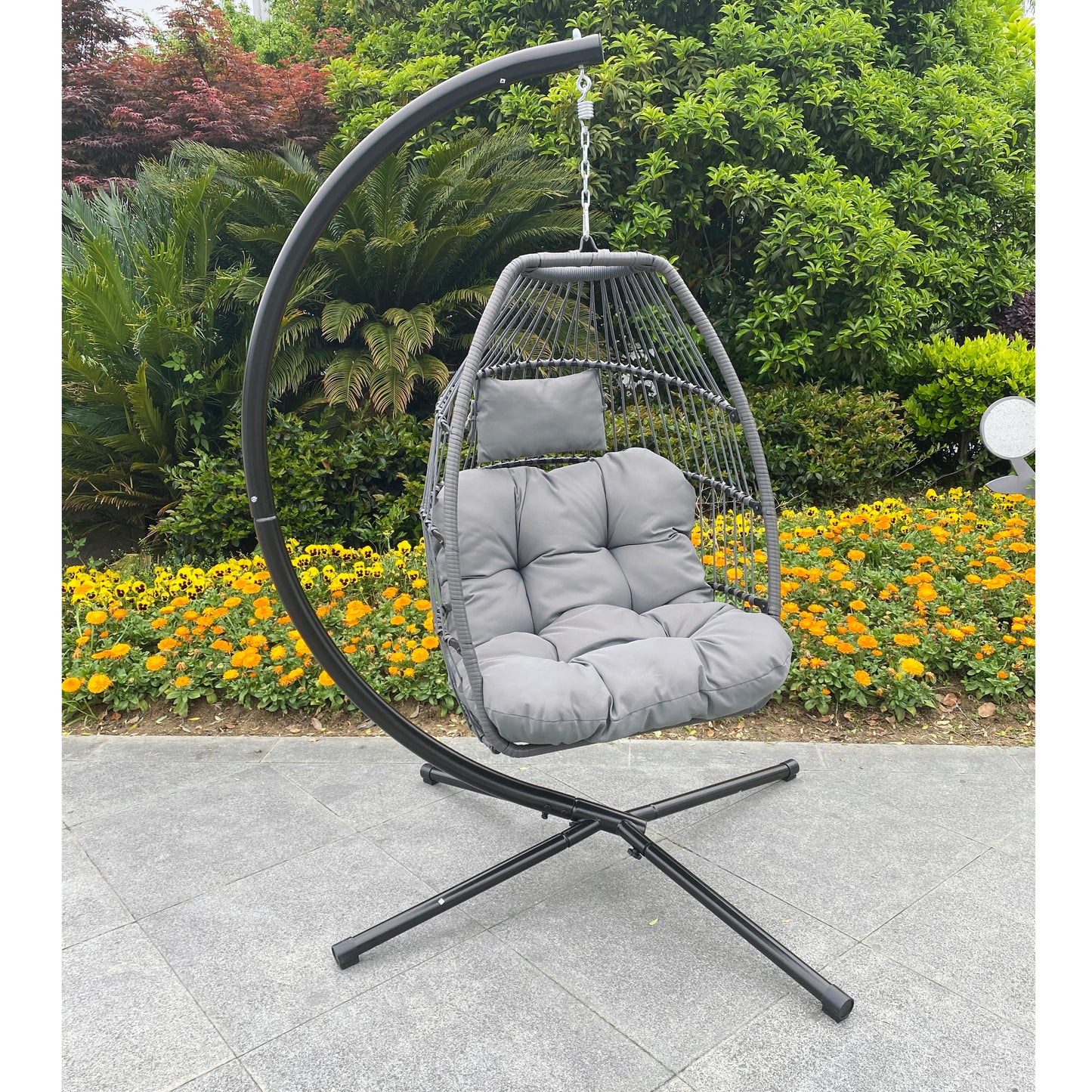 Outdoor Patio Wicker Folding Hanging Chair,Rattan Swing Hammock Egg Chair With C Type Bracket, With Cushion And Pillow - MONLANE