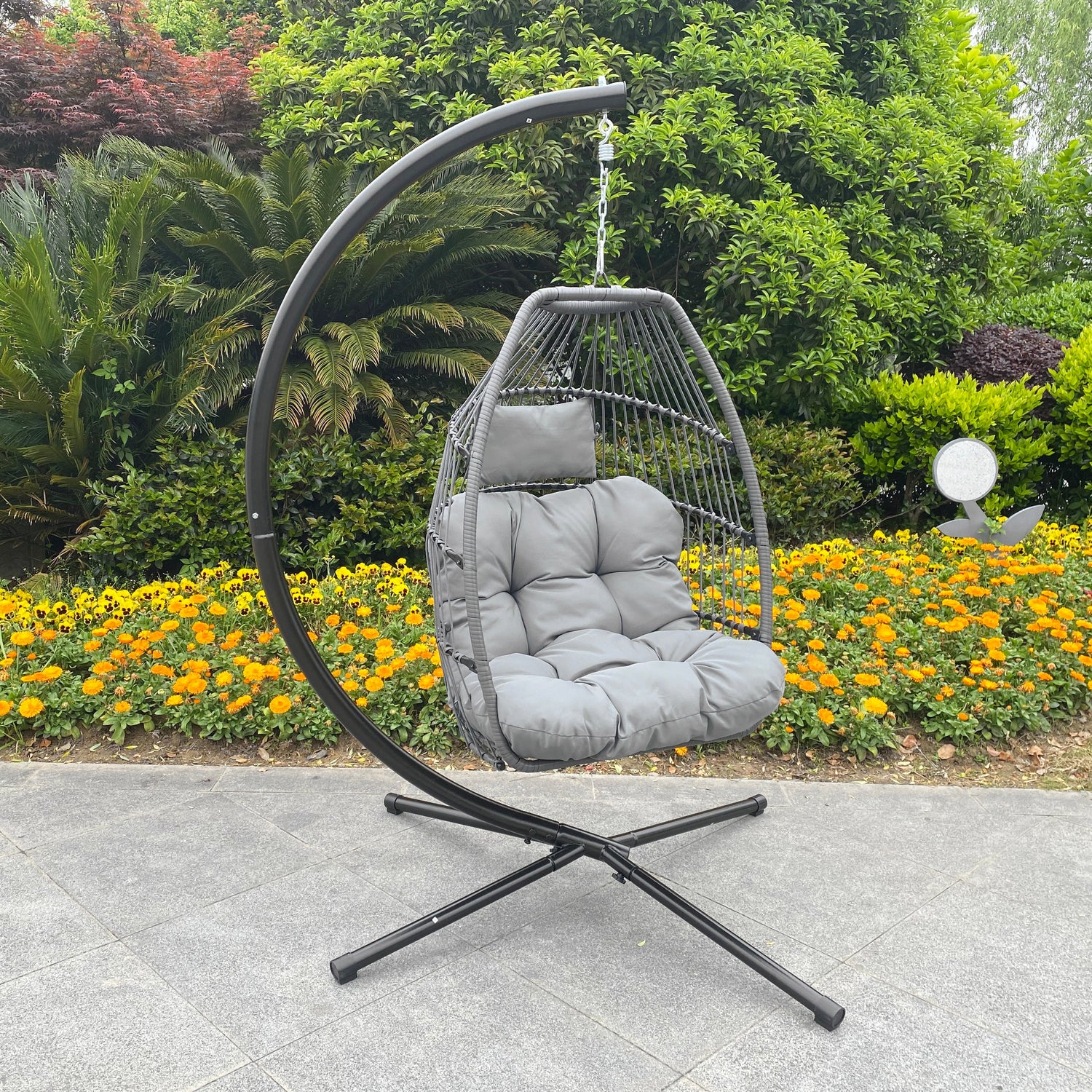 Outdoor Patio Wicker Folding Hanging Chair,Rattan Swing Hammock Egg Chair With C Type Bracket, With Cushion And Pillow - MONLANE