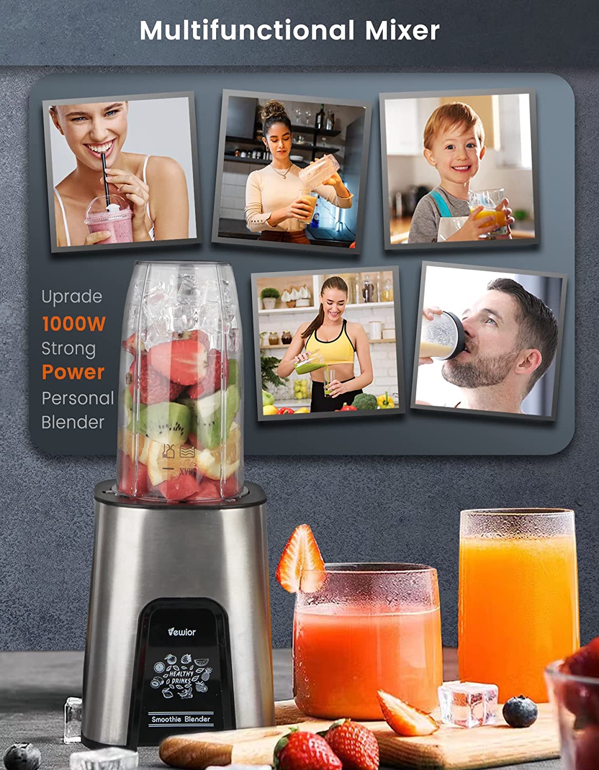 VEWIOR 1000W Smoothie Blender for Shakes and Smoothies, 11 Pieces Personal Blender for Kitchen, 2*23oz+10oz Blender Cups with To-Go Lids for Fruit Vegetables, Beans, Nuts, Spices(Shipment from FBA) - MONLANE