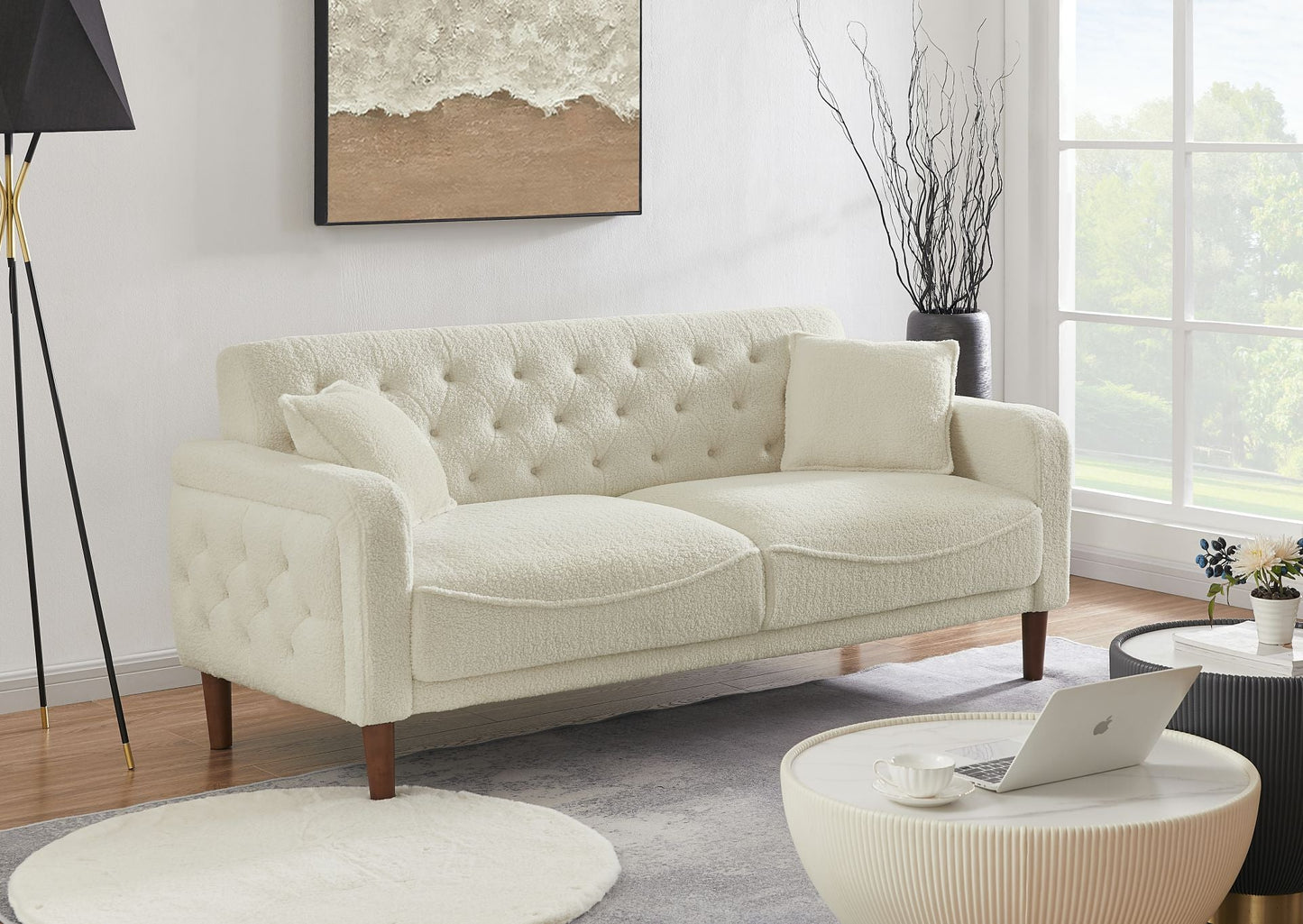 Beige Teddy Velvet Sponge Sofa, Indoor Sofa, Removable Wooden Feet, Tufted Buttons - MONLANE