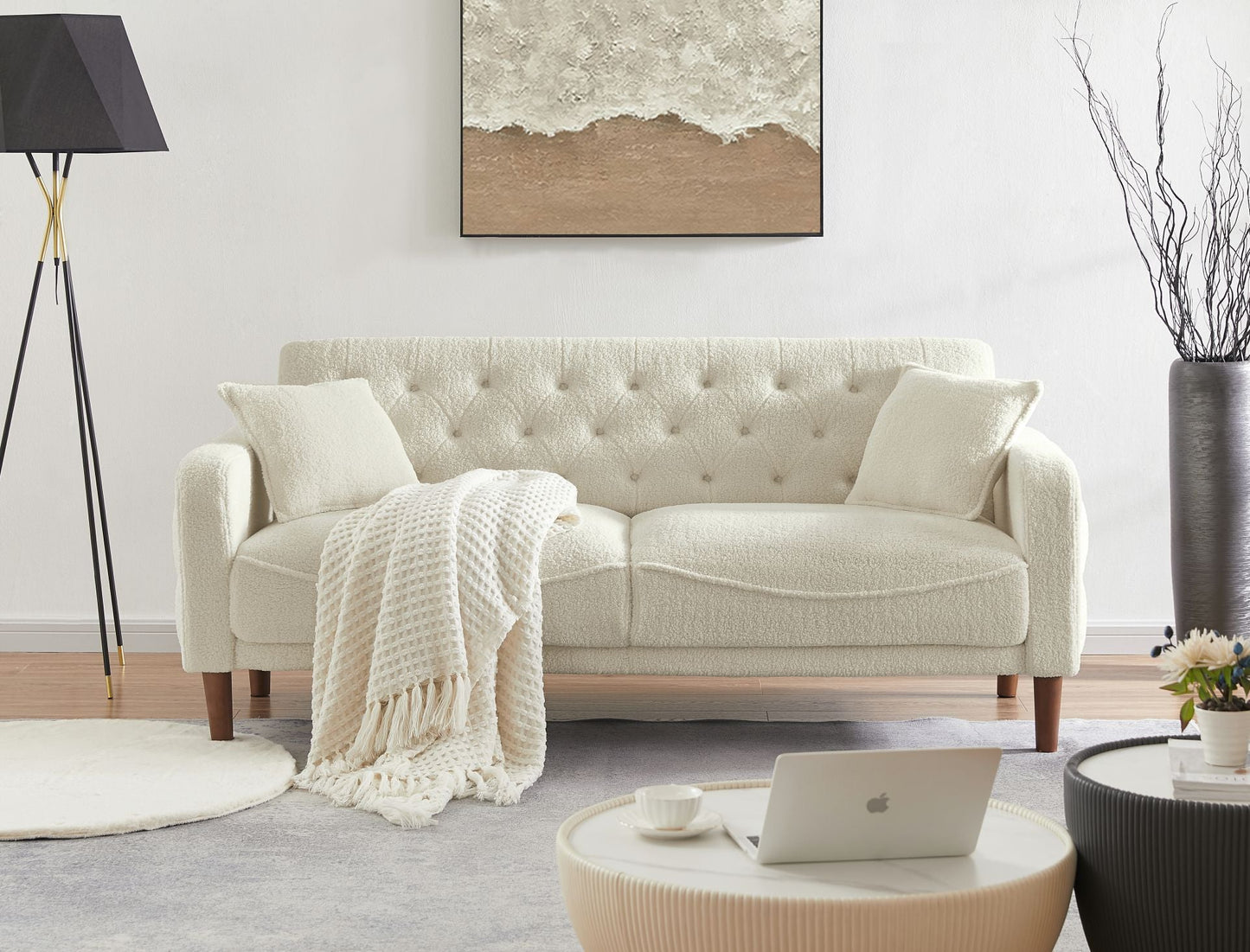 Beige Teddy Velvet Sponge Sofa, Indoor Sofa, Removable Wooden Feet, Tufted Buttons - MONLANE