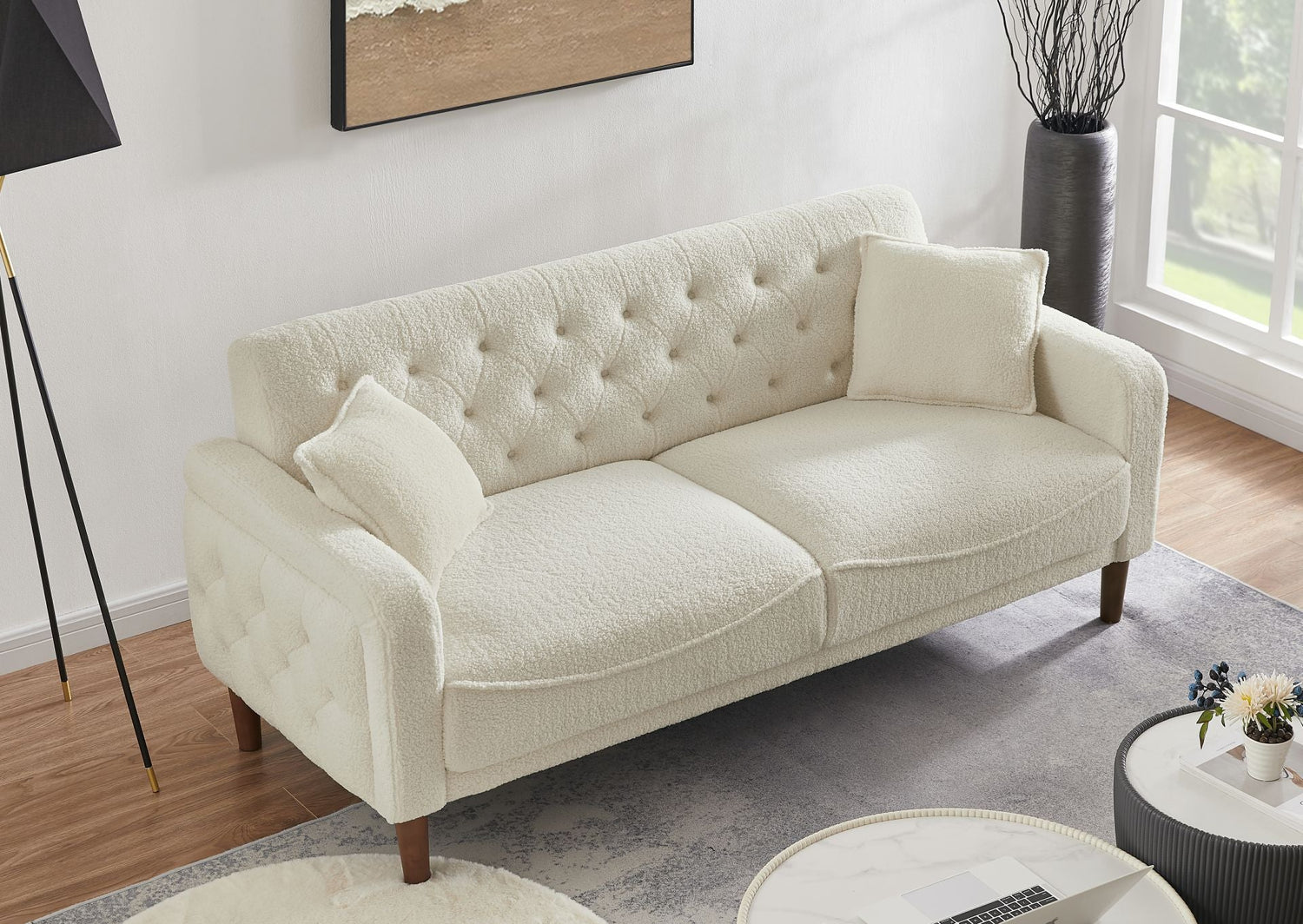 Beige Teddy Velvet Sponge Sofa, Indoor Sofa, Removable Wooden Feet, Tufted Buttons - MONLANE