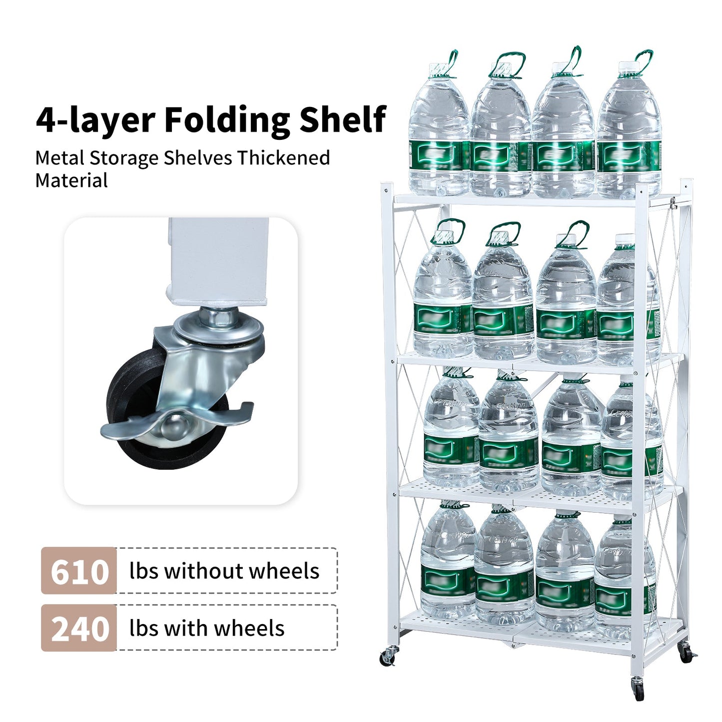 5 Tier White Heavy Duty Foldable Metal Organizer Shelves with Wheels - MONLANE