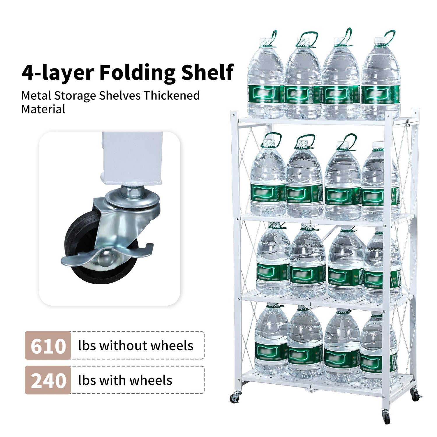 5 Tier White Heavy Duty Foldable Metal Organizer Shelves with Wheels - MONLANE