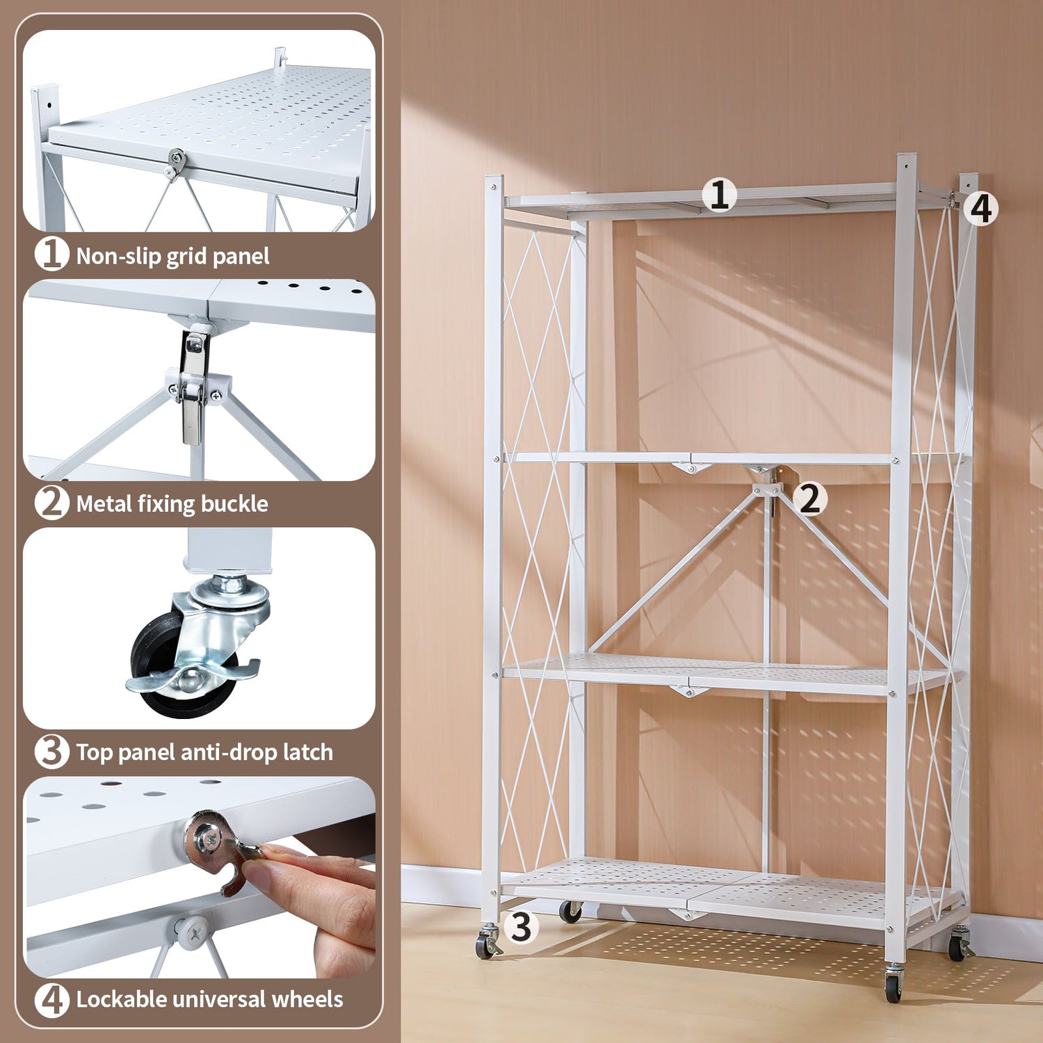 5 Tier White Heavy Duty Foldable Metal Organizer Shelves with Wheels - MONLANE