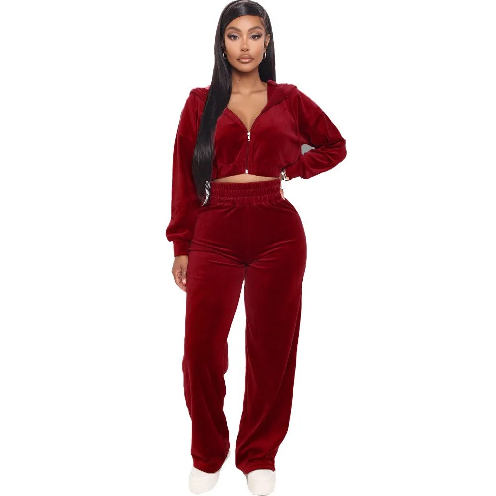 velvet zipper jacket straight leg pants set