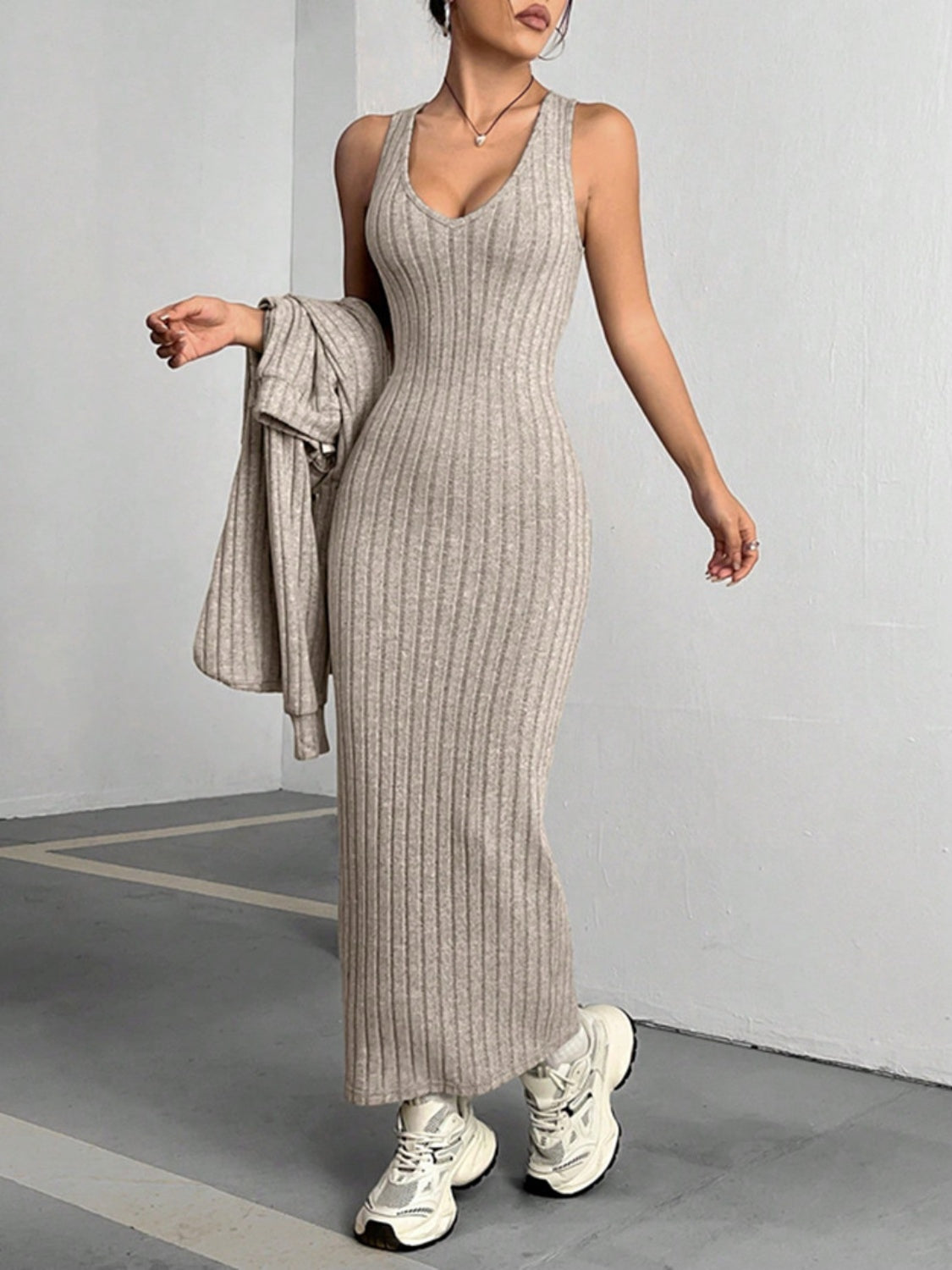 Ribbed Cropped Tank Dress Set