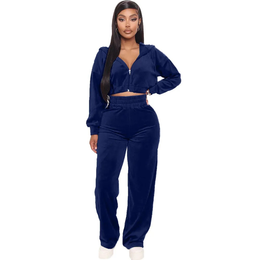 velvet zipper jacket straight leg pants set