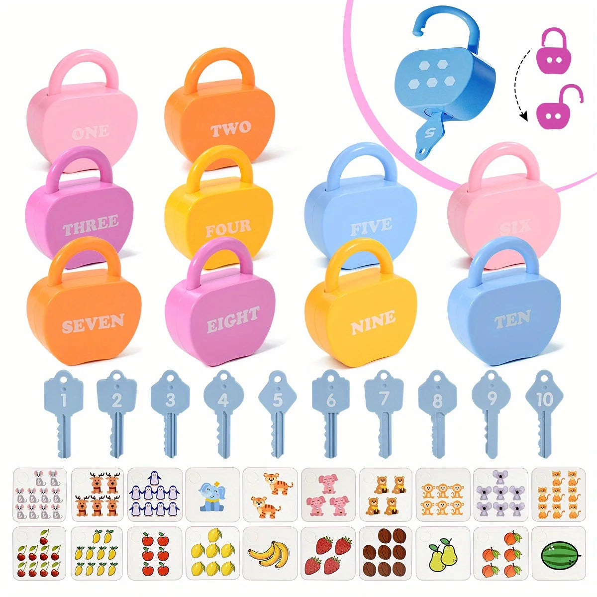 10 Set Apple Locks Keys Cards Math Toy