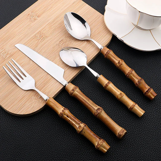 24Pcs Bamboo Tableware Sets Stainl - MONLANE