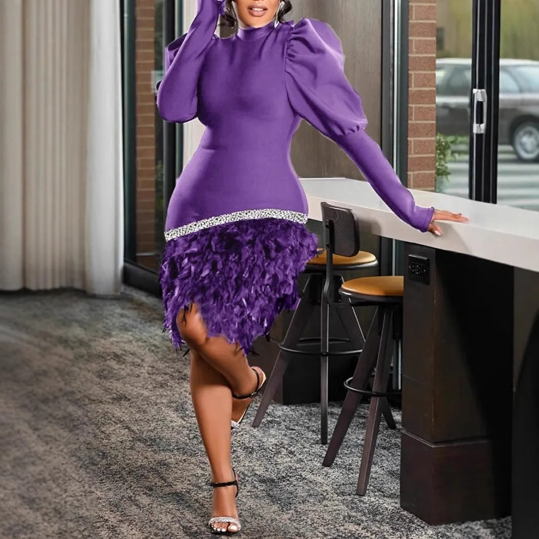 Lantern long sleeved tight feather dress