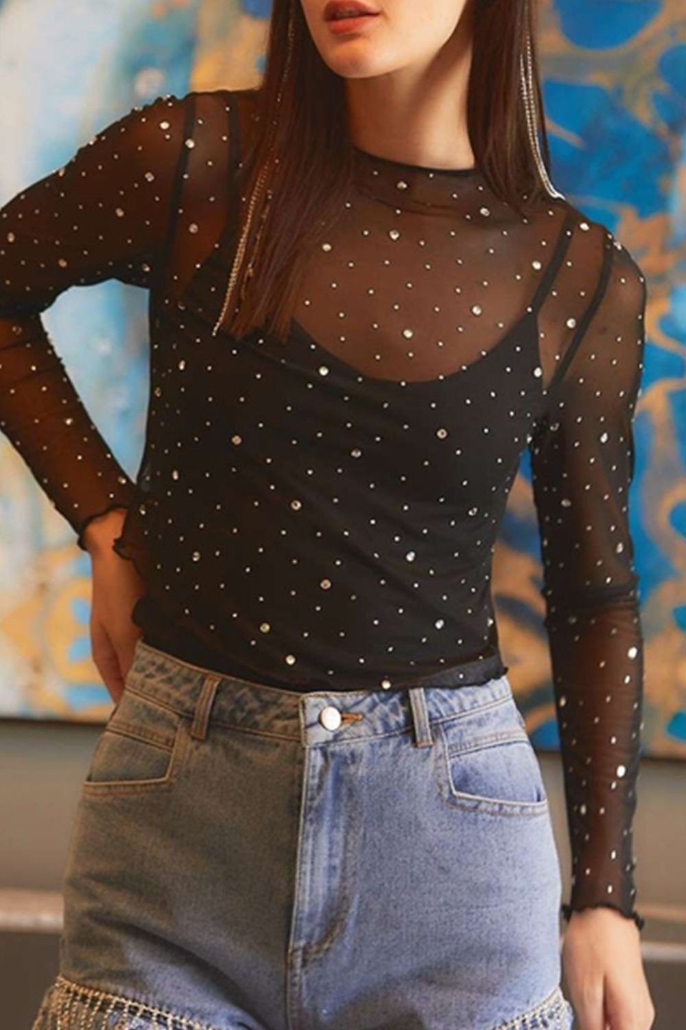 Rhinestone Sheer Long Sleeve Top