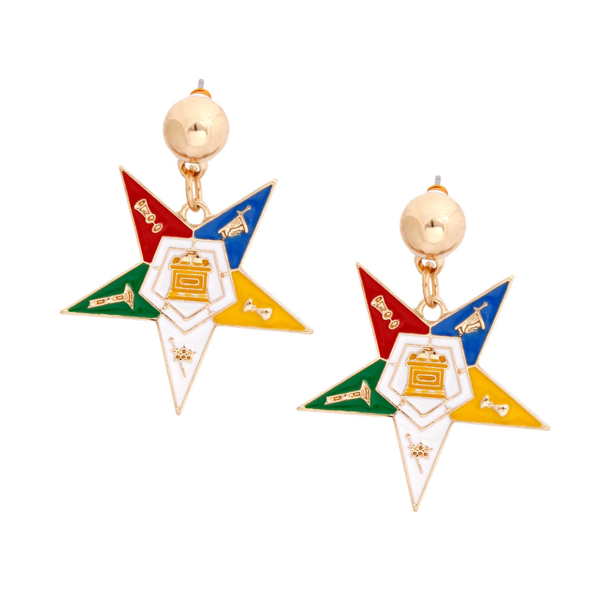 OES Sorority White Star Shield Drop Gold Earrings