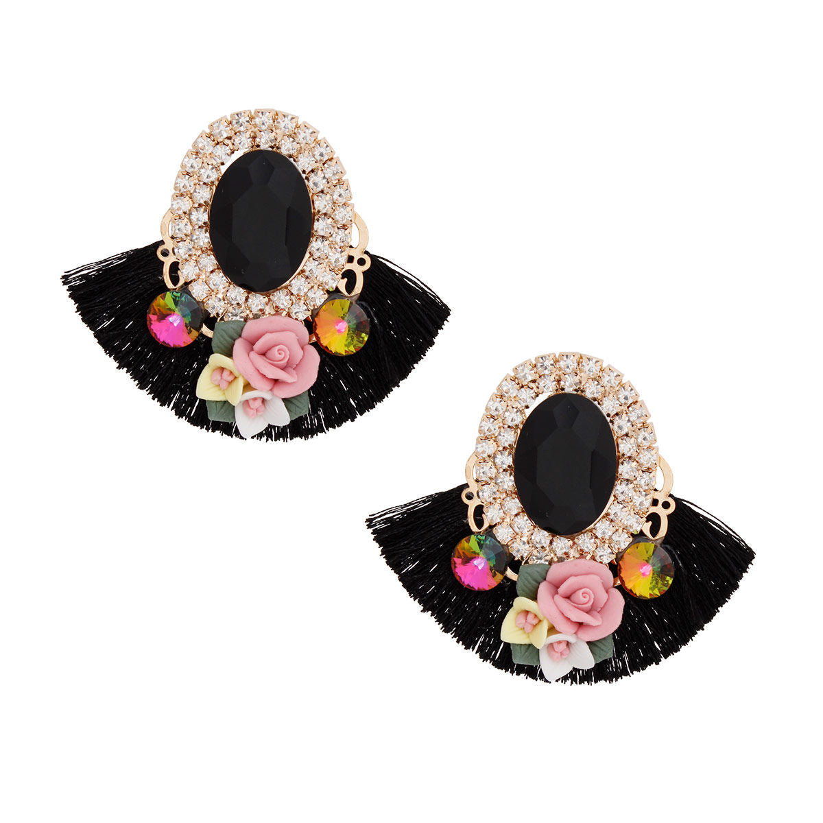 Studs Black Crystal Fan Tassel Floral Earrings