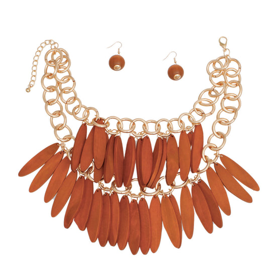 Choker Tribal Brown Wood Fringe Layered Set Women