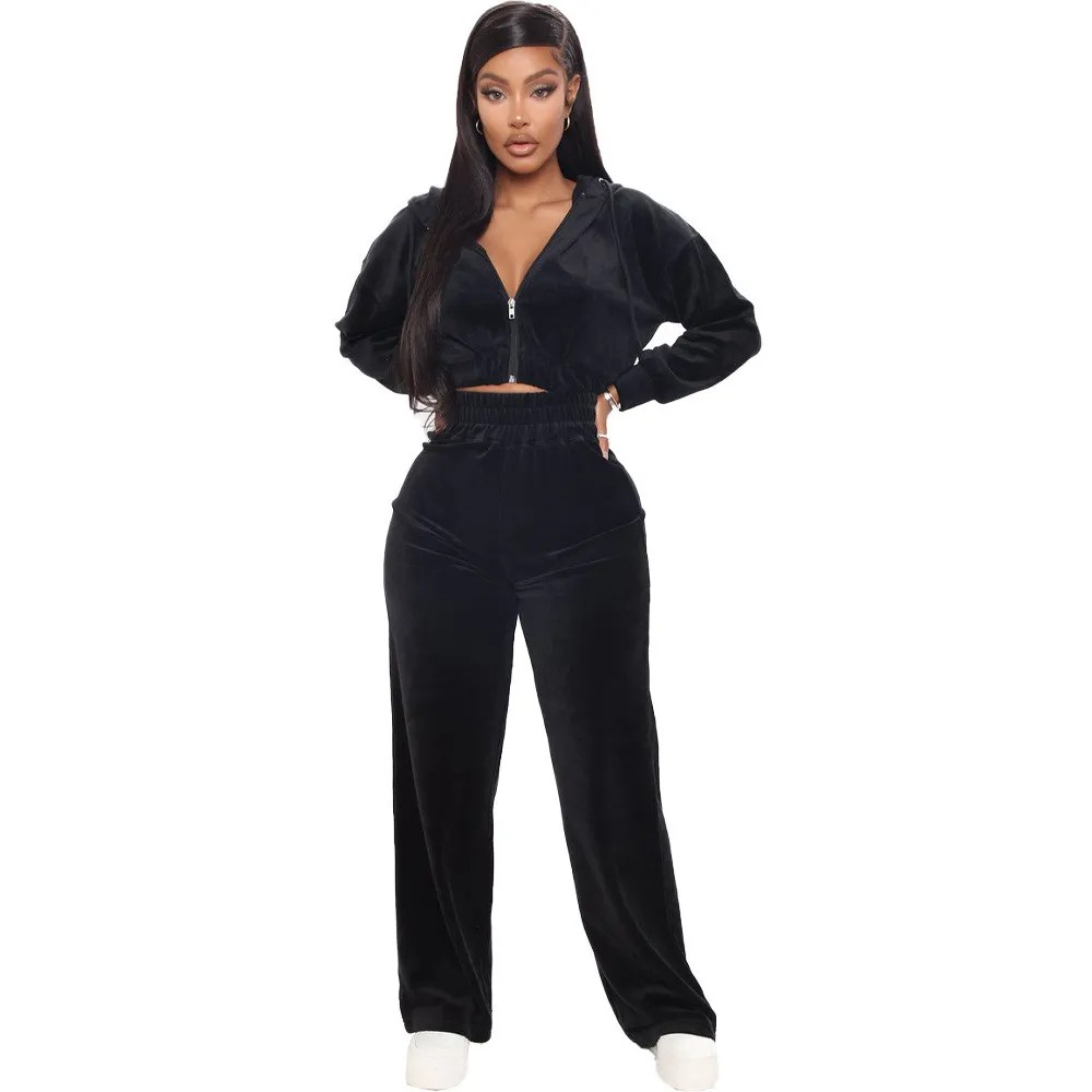 velvet zipper jacket straight leg pants set