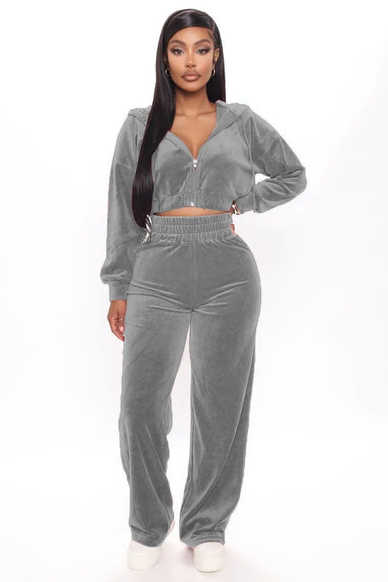 velvet zipper jacket straight leg pants set